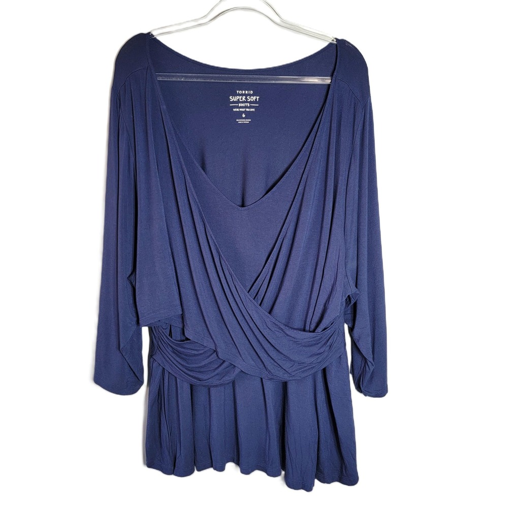 TORRID SUPER SOFT KNITS Top Plus Size 6X Navy Blue Faux Wrap Long Sleeve